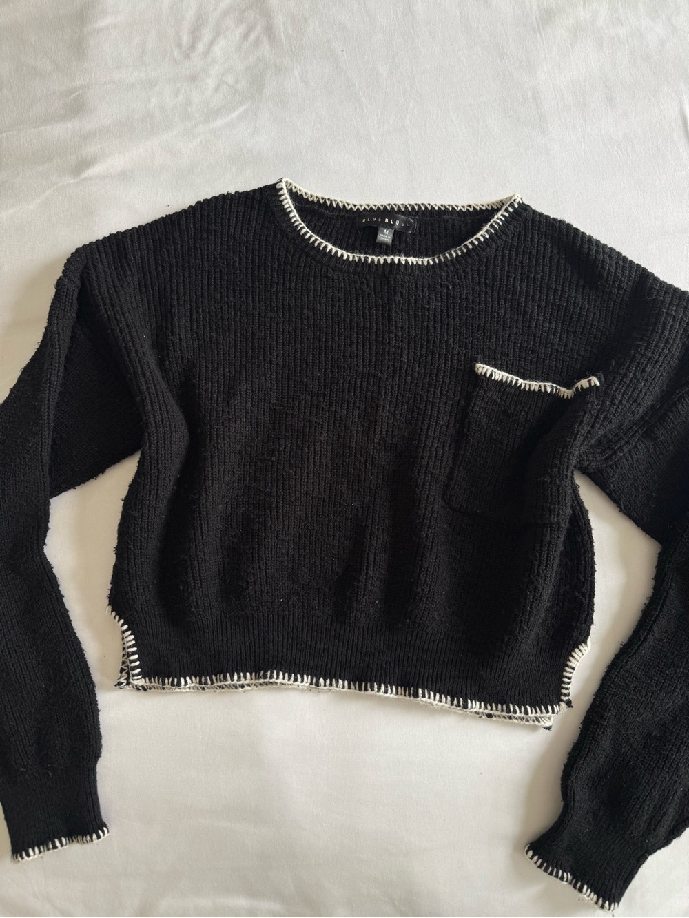 Blue Blush Black Cropped Crew Sweater with White Contrast Trim